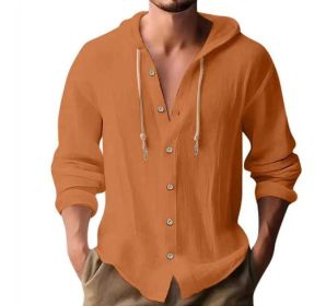 Cotton And Linen Shirt Hooded Sweater Button Long Sleeve (Option: Orange-S)