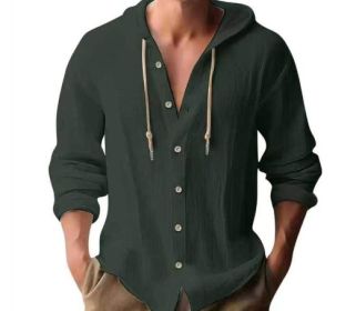 Cotton And Linen Shirt Hooded Sweater Button Long Sleeve (Option: Dark green-XXL)