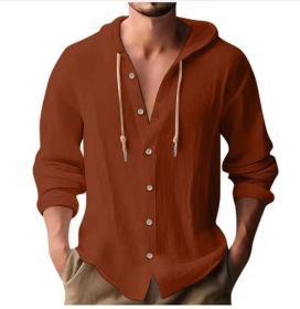 Cotton And Linen Shirt Hooded Sweater Button Long Sleeve (Option: Brick red-XXL)