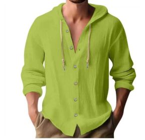 Cotton And Linen Shirt Hooded Sweater Button Long Sleeve (Option: Fruit green-L)