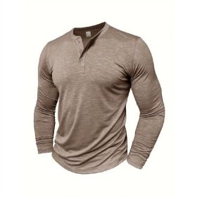 Men's Long-sleeved Henry Collar T-shirt (Option: Khaki-3XL)