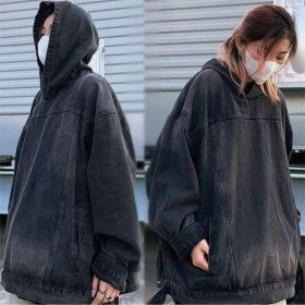 Men's Fashion Retro Hooded Denim Jacket Top (Option: Black-L)