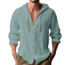 Cotton And Linen Shirt Hooded Sweater Button Long Sleeve (Option: Grey blue-XXL)