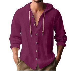 Cotton And Linen Shirt Hooded Sweater Button Long Sleeve (Option: Purple-XXXL)