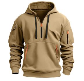 Dropped Shoulder Hooded Sweatshirt Men's Women's Plus Size Loose Pullover Fashion Sweatshirt (Option: Khaki-L-1pcs)