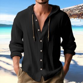 Cotton And Linen Shirt Hooded Sweater Button Long Sleeve (Option: Black-XXXL)