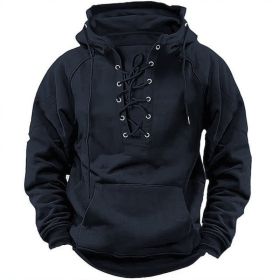 Ins Lace-up Hoodie Casual Sports Pocket Sweatshirt Men's Long-sleeved Top Clothing (Option: Black-L)