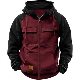 Men's Hoodie Youth Sports Multi-pocket Workwear (Option: Wine Red-L)